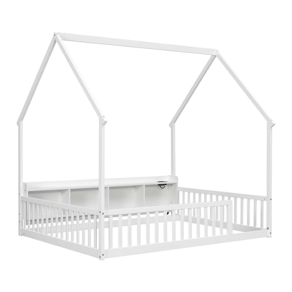 English Elm Full Size Pine House Bed with Led Lighting Built-in Storage and Charging Station for Kids White W504P460870
