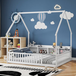 English Elm Full Size Pine House Bed with Led Lighting Built-in Storage and Charging Station for Kids White W504P460870
