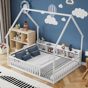 English Elm Full Size Pine House Bed with Led Lighting Built-in Storage and Charging Station for Kids White W504P460870