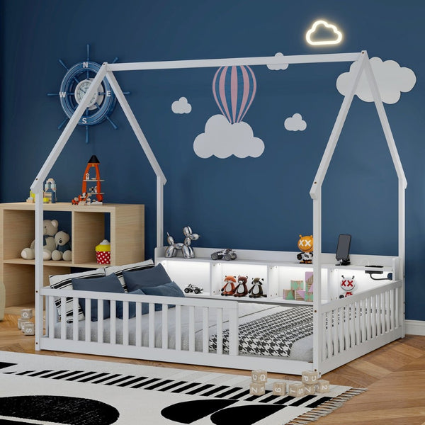 English Elm Full Size Pine House Bed with Led Lighting Built-in Storage and Charging Station for Kids White W504P460870