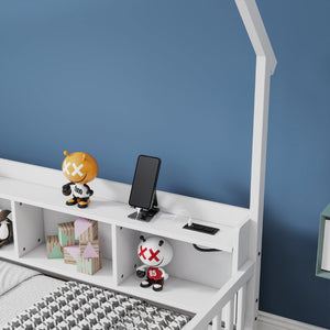 English Elm Full Size Pine House Bed with Led Lighting Built-in Storage and Charging Station for Kids White W504P460870