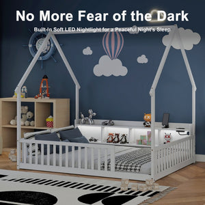 English Elm Full Size Pine House Bed with Led Lighting Built-in Storage and Charging Station for Kids White W504P460870