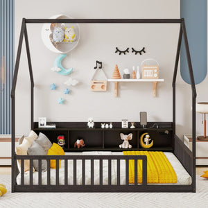 English Elm Full Size Pine House Bed with Led Lighting Built-in Storage and Charging Station for Kids Espresso W504P460871