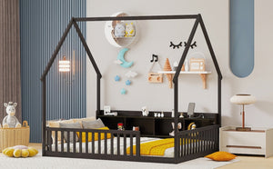 English Elm Full Size Pine House Bed with Led Lighting Built-in Storage and Charging Station for Kids Espresso W504P460871