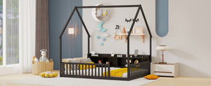 English Elm Full Size Pine House Bed with Led Lighting Built-in Storage and Charging Station for Kids Espresso W504P460871