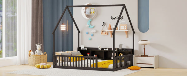 English Elm Full Size Pine House Bed with Led Lighting Built-in Storage and Charging Station for Kids Espresso W504P460871