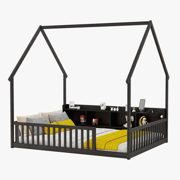 English Elm Full Size Pine House Bed with Led Lighting Built-in Storage and Charging Station for Kids Espresso W504P460871