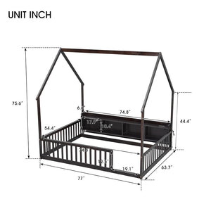 English Elm Full Size Pine House Bed with Led Lighting Built-in Storage and Charging Station for Kids Espresso W504P460871