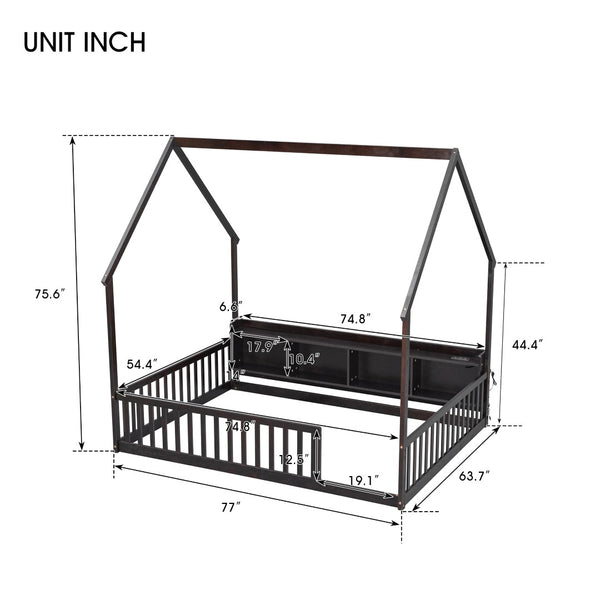 English Elm Full Size Pine House Bed with Led Lighting Built-in Storage and Charging Station for Kids Espresso W504P460871