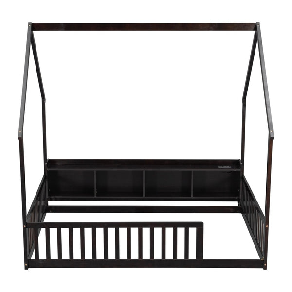 English Elm Full Size Pine House Bed with Led Lighting Built-in Storage and Charging Station for Kids Espresso W504P460871