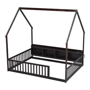 English Elm Full Size Pine House Bed with Led Lighting Built-in Storage and Charging Station for Kids Espresso W504P460871