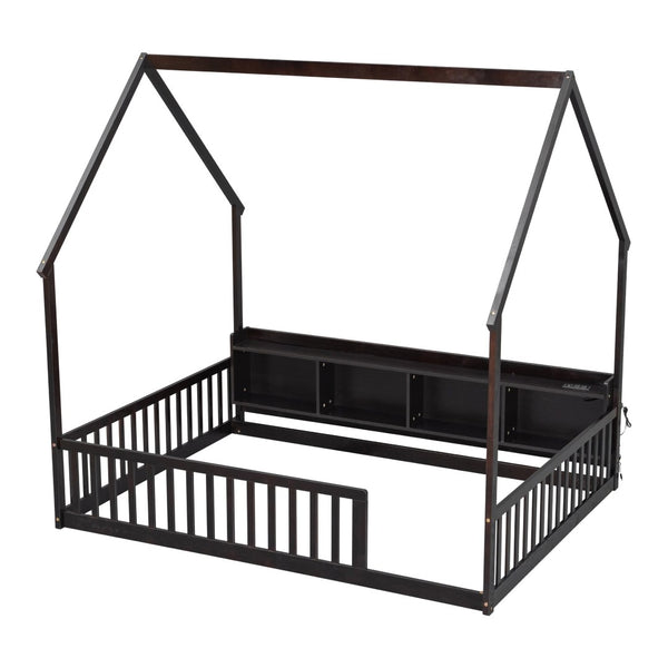 English Elm Full Size Pine House Bed with Led Lighting Built-in Storage and Charging Station for Kids Espresso W504P460871