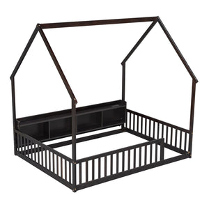 English Elm Full Size Pine House Bed with Led Lighting Built-in Storage and Charging Station for Kids Espresso W504P460871