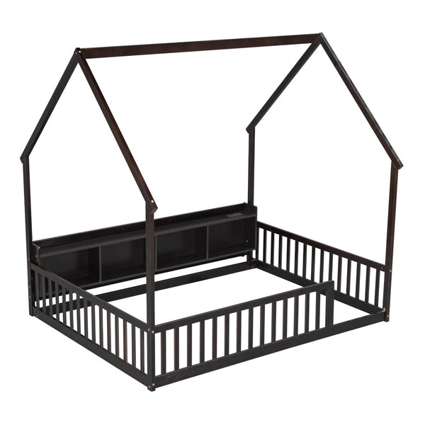 English Elm Full Size Pine House Bed with Led Lighting Built-in Storage and Charging Station for Kids Espresso W504P460871