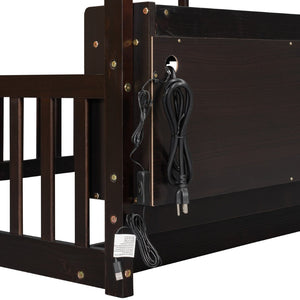 English Elm Full Size Pine House Bed with Led Lighting Built-in Storage and Charging Station for Kids Espresso W504P460871