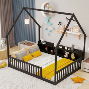 English Elm Full Size Pine House Bed with Led Lighting Built-in Storage and Charging Station for Kids Espresso W504P460871