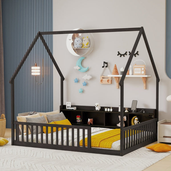 English Elm Full Size Pine House Bed with Led Lighting Built-in Storage and Charging Station for Kids Espresso W504P460871
