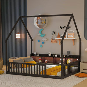 English Elm Full Size Pine House Bed with Led Lighting Built-in Storage and Charging Station for Kids Espresso W504P460871