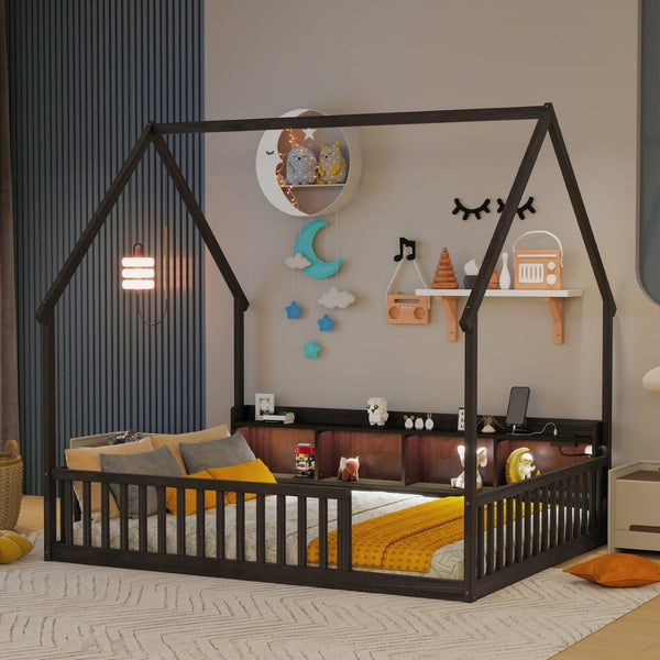 English Elm Full Size Pine House Bed with Led Lighting Built-in Storage and Charging Station for Kids Espresso W504P460871