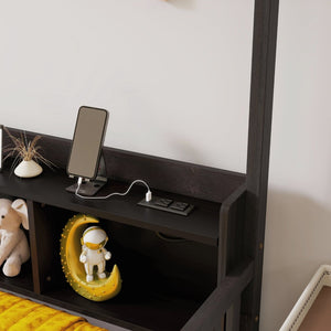 English Elm Full Size Pine House Bed with Led Lighting Built-in Storage and Charging Station for Kids Espresso W504P460871