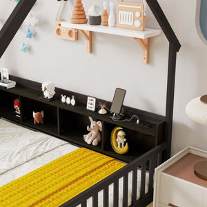 English Elm Full Size Pine House Bed with Led Lighting Built-in Storage and Charging Station for Kids Espresso W504P460871