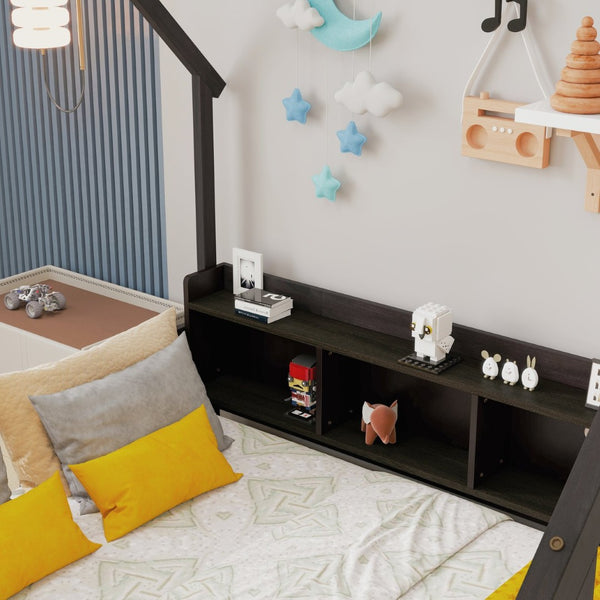 English Elm Full Size Pine House Bed with Led Lighting Built-in Storage and Charging Station for Kids Espresso W504P460871