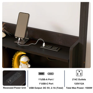 English Elm Full Size Pine House Bed with Led Lighting Built-in Storage and Charging Station for Kids Espresso W504P460871