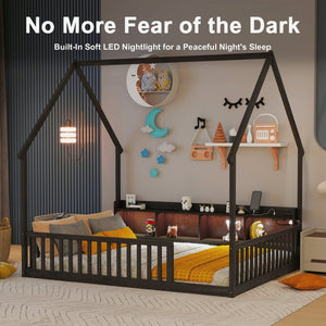 English Elm Full Size Pine House Bed with Led Lighting Built-in Storage and Charging Station for Kids Espresso W504P460871