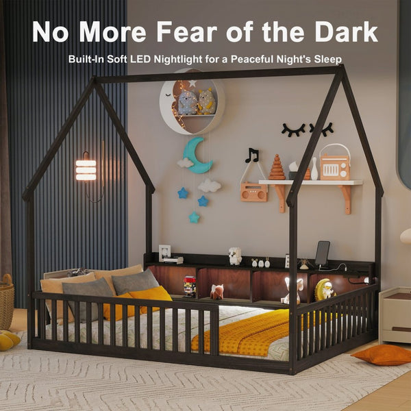 English Elm Full Size Pine House Bed with Led Lighting Built-in Storage and Charging Station for Kids Espresso W504P460871