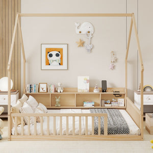 English Elm Full Size Pine House Bed with Led Lighting Built-in Storage and Charging Station for Kids Natural W504P460872