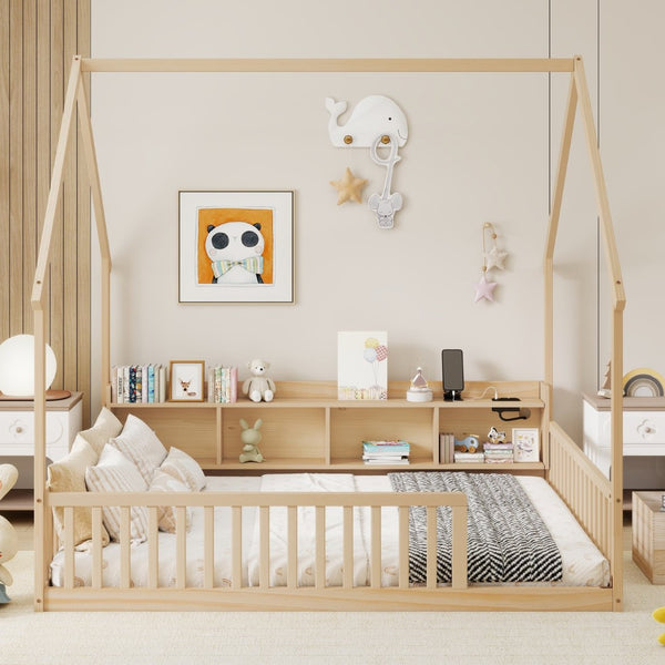 English Elm Full Size Pine House Bed with Led Lighting Built-in Storage and Charging Station for Kids Natural W504P460872