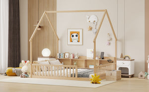 English Elm Full Size Pine House Bed with Led Lighting Built-in Storage and Charging Station for Kids Natural W504P460872