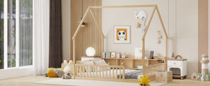 English Elm Full Size Pine House Bed with Led Lighting Built-in Storage and Charging Station for Kids Natural W504P460872