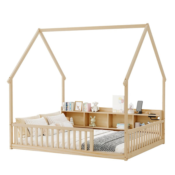 English Elm Full Size Pine House Bed with Led Lighting Built-in Storage and Charging Station for Kids Natural W504P460872