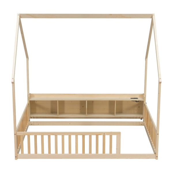 English Elm Full Size Pine House Bed with Led Lighting Built-in Storage and Charging Station for Kids Natural W504P460872