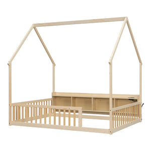 English Elm Full Size Pine House Bed with Led Lighting Built-in Storage and Charging Station for Kids Natural W504P460872