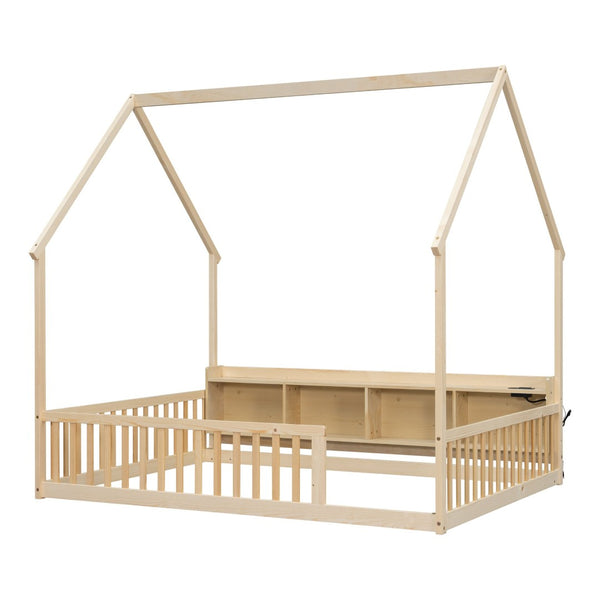 English Elm Full Size Pine House Bed with Led Lighting Built-in Storage and Charging Station for Kids Natural W504P460872