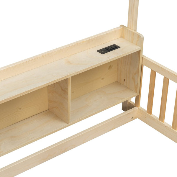 English Elm Full Size Pine House Bed with Led Lighting Built-in Storage and Charging Station for Kids Natural W504P460872