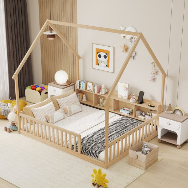 English Elm Full Size Pine House Bed with Led Lighting Built-in Storage and Charging Station for Kids Natural W504P460872