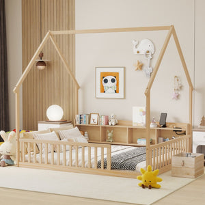 English Elm Full Size Pine House Bed with Led Lighting Built-in Storage and Charging Station for Kids Natural W504P460872