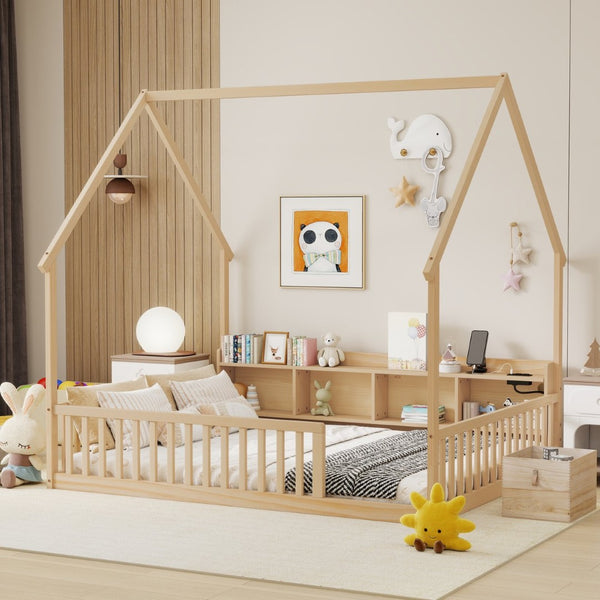 English Elm Full Size Pine House Bed with Led Lighting Built-in Storage and Charging Station for Kids Natural W504P460872