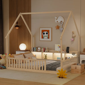 English Elm Full Size Pine House Bed with Led Lighting Built-in Storage and Charging Station for Kids Natural W504P460872