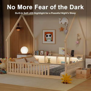 English Elm Full Size Pine House Bed with Led Lighting Built-in Storage and Charging Station for Kids Natural W504P460872