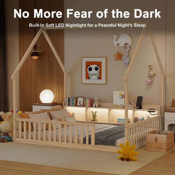 English Elm Full Size Pine House Bed with Led Lighting Built-in Storage and Charging Station for Kids Natural W504P460872