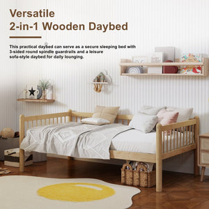 English Elm Twin Pine Spindle Daybed Solid Wood Frame with Guardrails for Guest or Kids Room Natural Twin W504P462839