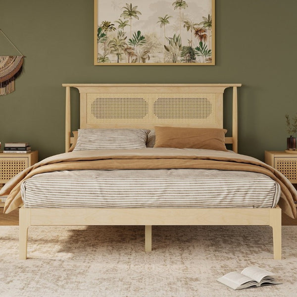 English Elm Queen Pine and PE Rattan Platform Bed Woven Lattice Headboard for Farmhouse Bedrooms Natural Queen Size W504P462846