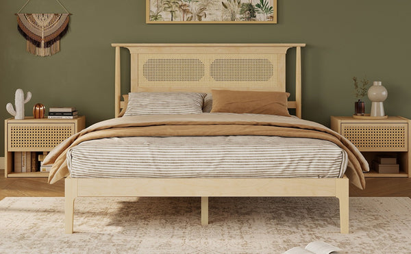 English Elm Queen Pine and PE Rattan Platform Bed Woven Lattice Headboard for Farmhouse Bedrooms Natural Queen Size W504P462846