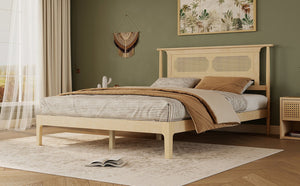 English Elm Queen Pine and PE Rattan Platform Bed Woven Lattice Headboard for Farmhouse Bedrooms Natural Queen Size W504P462846