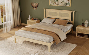 English Elm Queen Pine and PE Rattan Platform Bed Woven Lattice Headboard for Farmhouse Bedrooms Natural Queen Size W504P462846