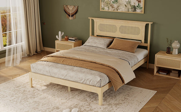English Elm Queen Pine and PE Rattan Platform Bed Woven Lattice Headboard for Farmhouse Bedrooms Natural Queen Size W504P462846